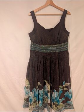 Robbie Bee Black Midi Dress with Teal and Aqua Floral Border